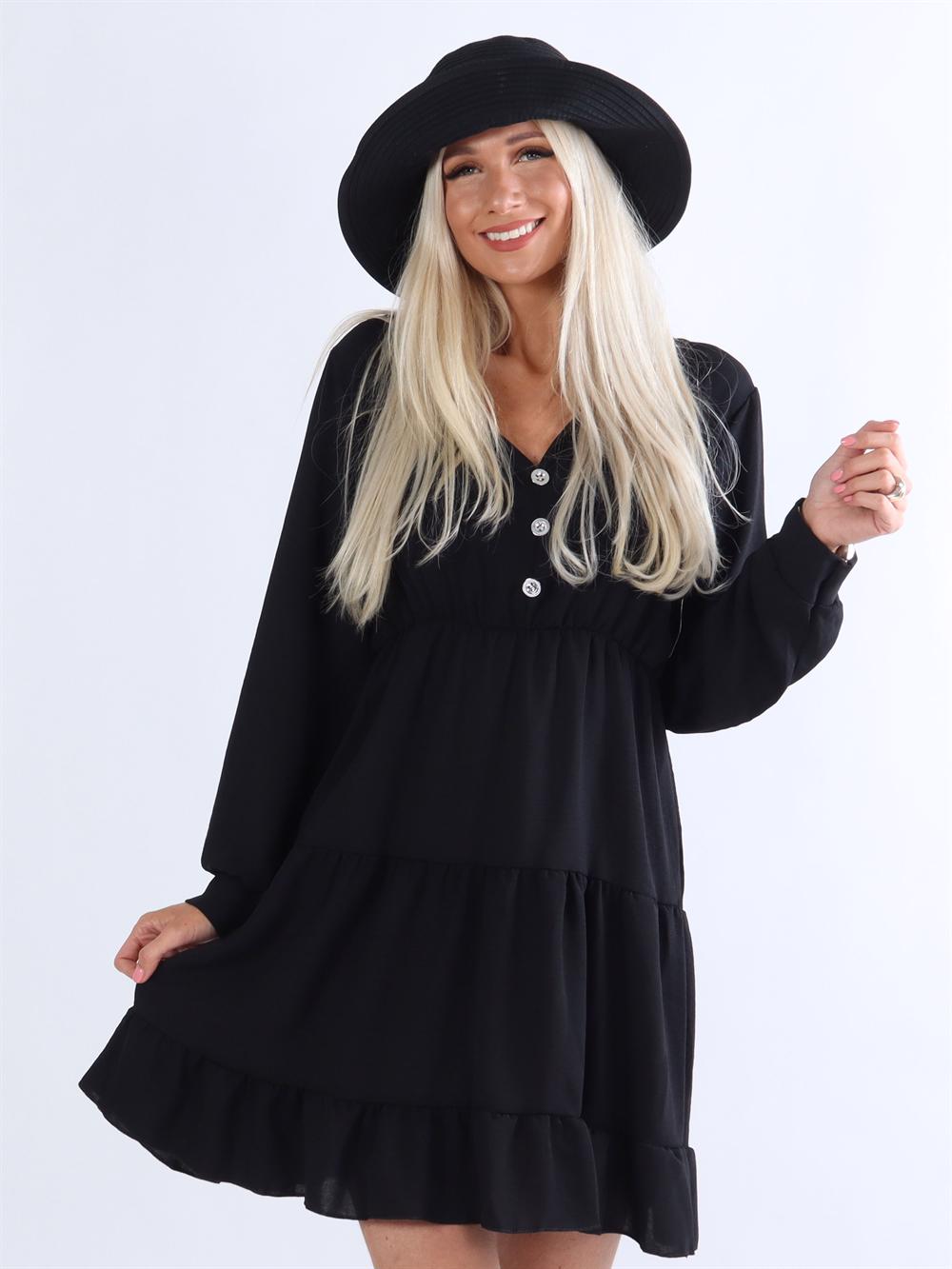 Slavia - Kjole med sølv knapper og elastik i taljen